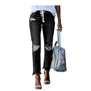 Ripped Boyfriend Pull On Drawstring Denim Joggers